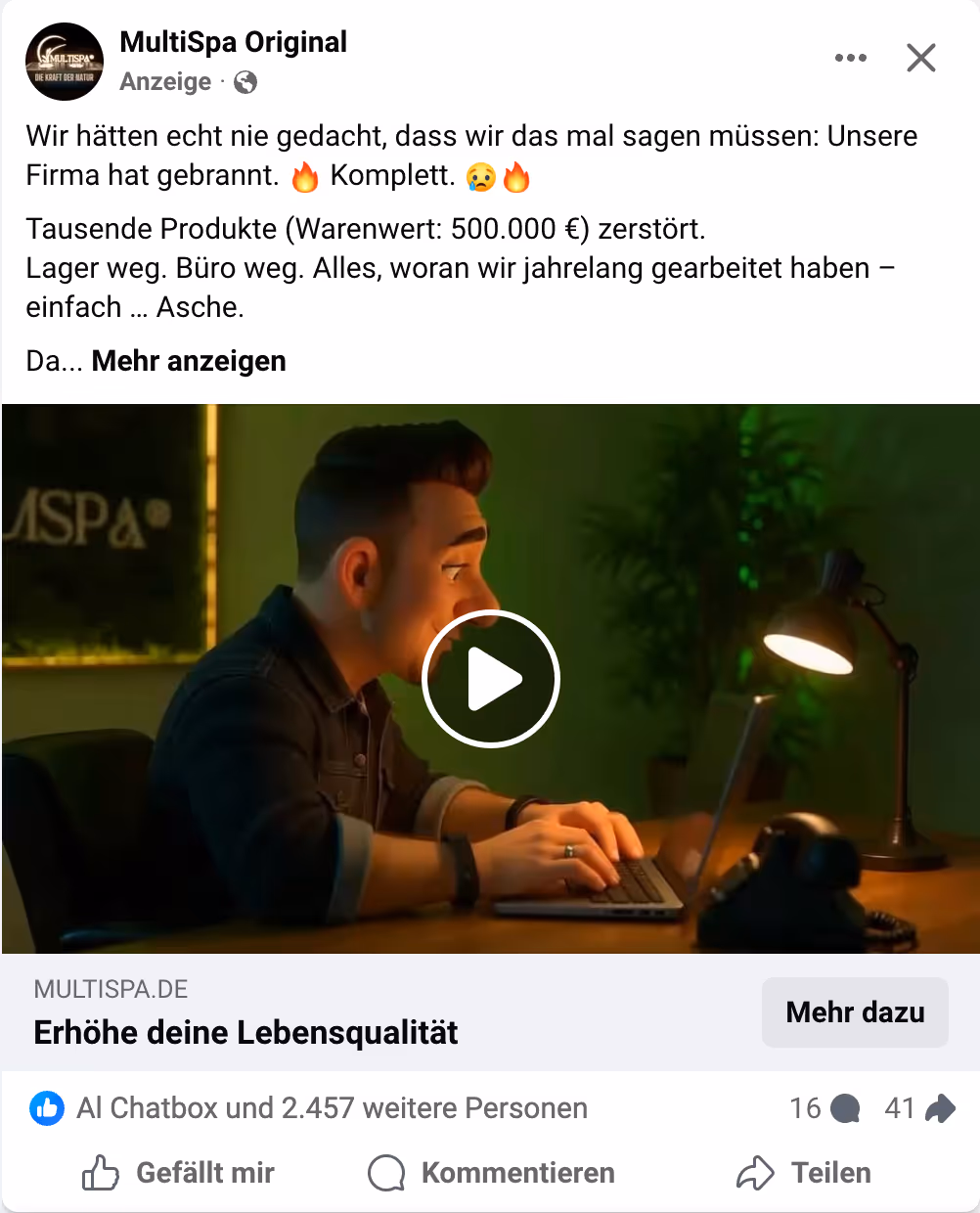 MultiSpa Werbeanzeige mit Reaktionen und Kommentaren