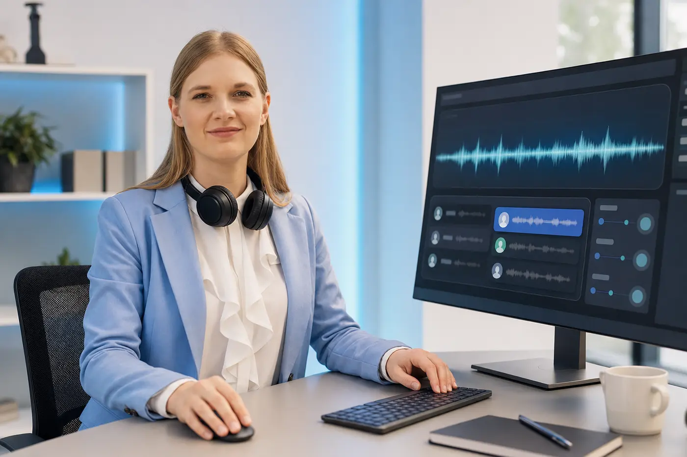 Bettina prüft KI-Stimmen und den Voiceover-Verlauf am Bildschirm